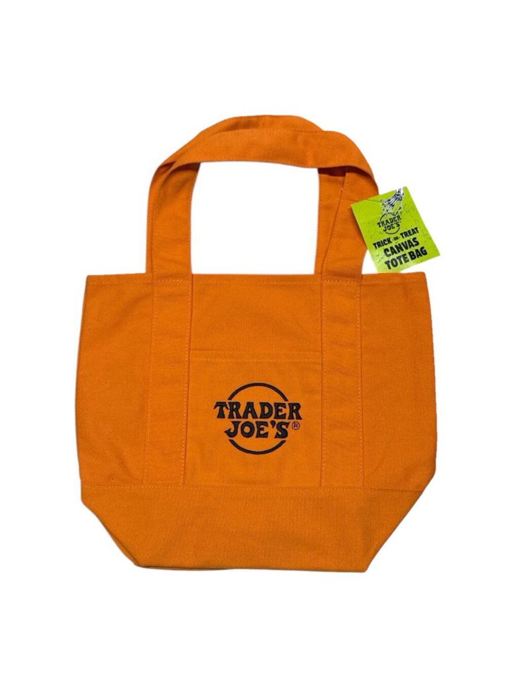 Trader Joe's Mini Halloween Canvas Tote Bag: Orange tote, black embroidery
